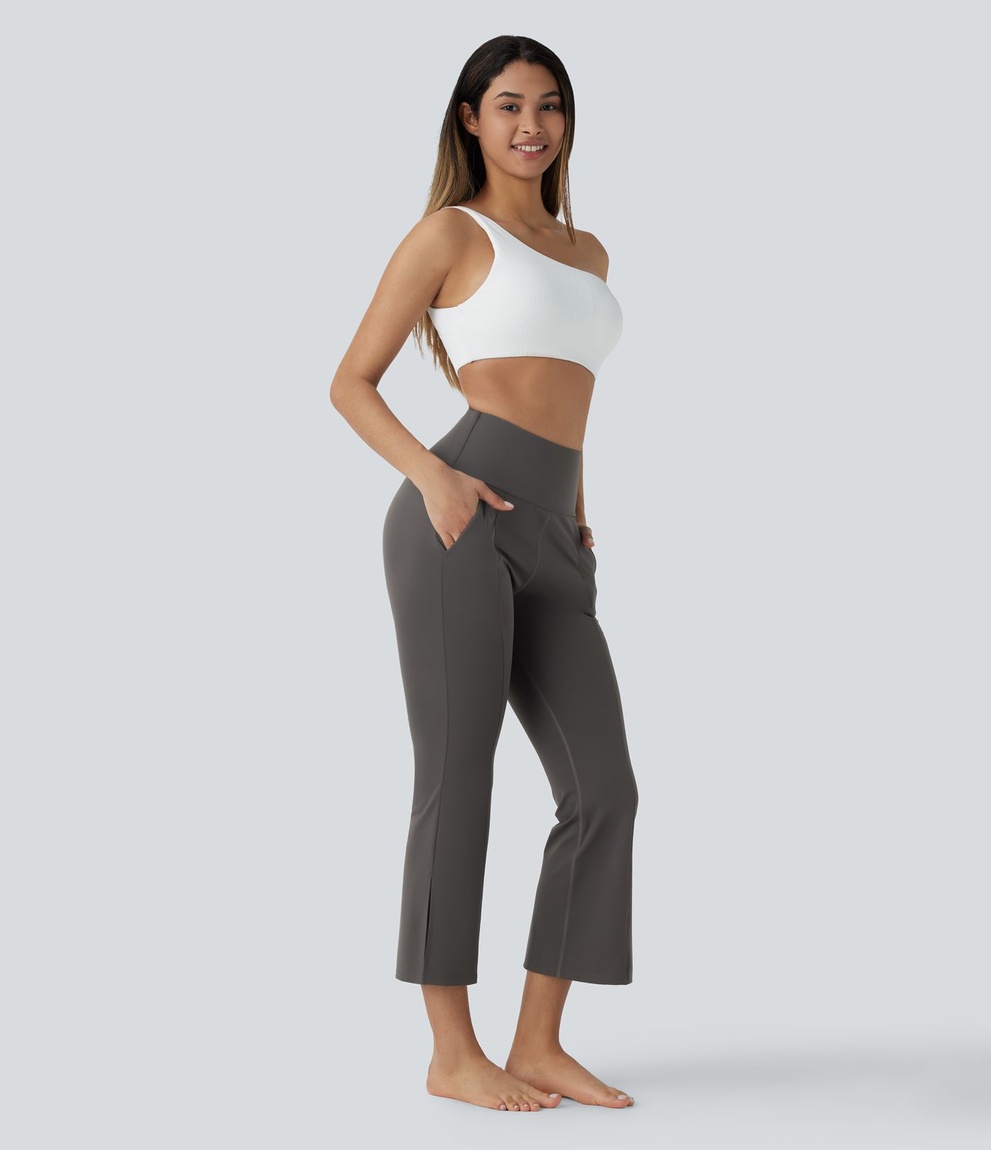 High Waisted Side Pocket Split Capri Yoga Slight Flared Leggings