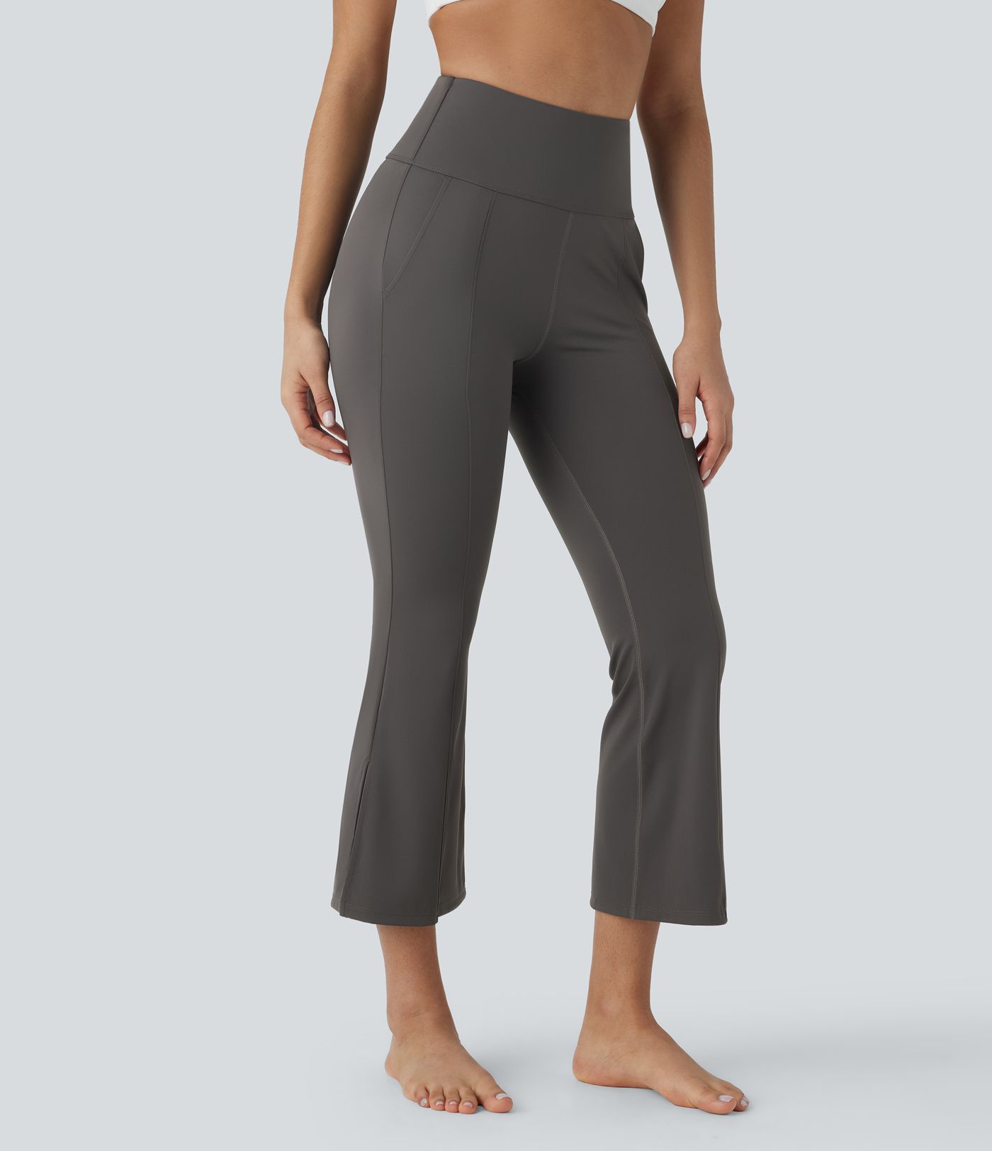 High Waisted Side Pocket Split Capri Yoga Slight Flared Leggings