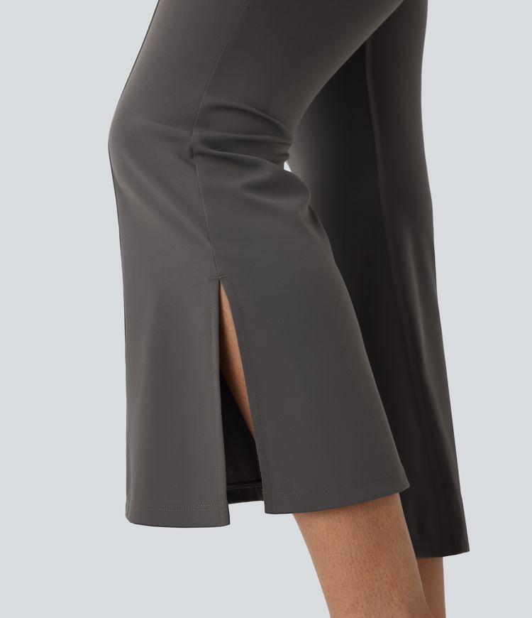 High Waisted Side Pocket Split Capri Yoga Slight Flare Leggings