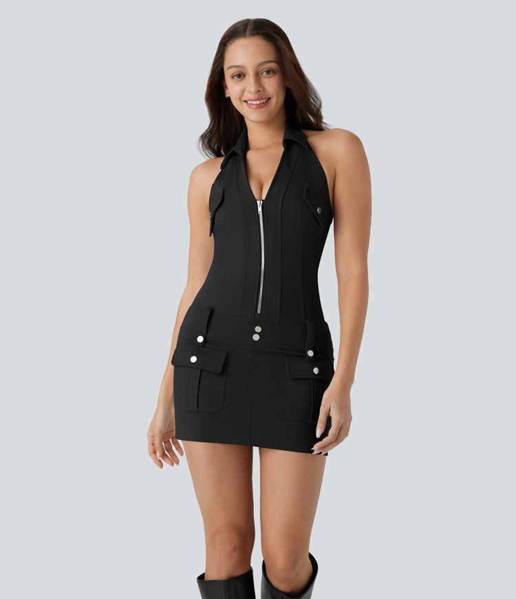 Halter Collared V Neck Zipper Backless Multiple Pockets Bodycon Micro Mini Party Dress