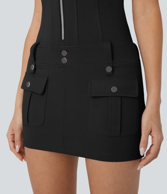 Robe micro mini ajustée col américain col V zippée avec poches