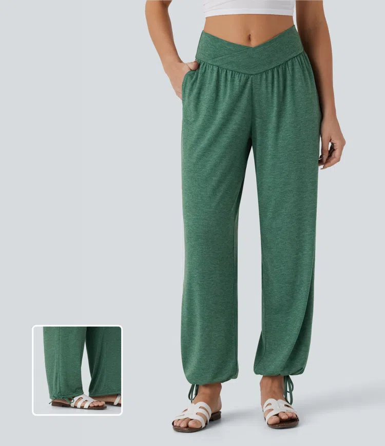 Crossover High Waisted Side Pocket Drawstring Casual Joggers