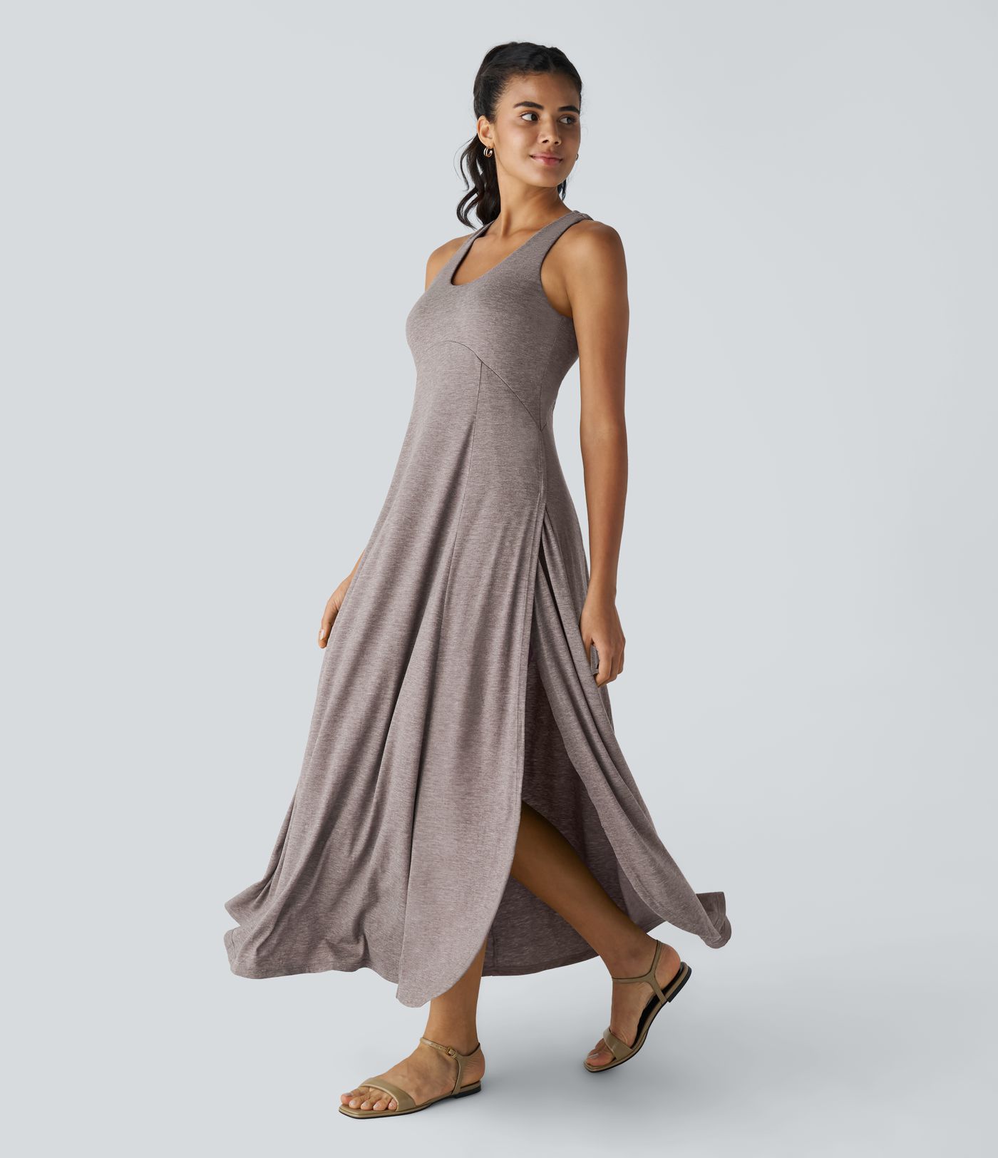 U Neck Backless Split Flowy Maxi Casual Tank Dress
