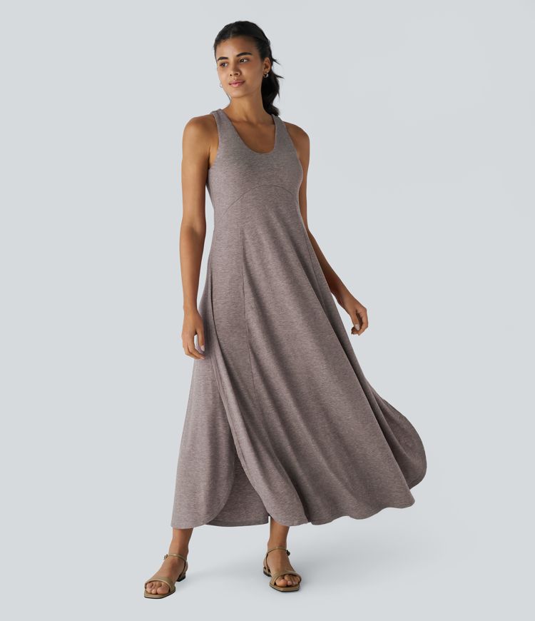 U Neck Backless Split Flowy Maxi Casual Tank Dress