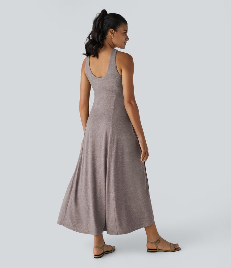 U Neck Backless Split Flowy Maxi Casual Tank Dress