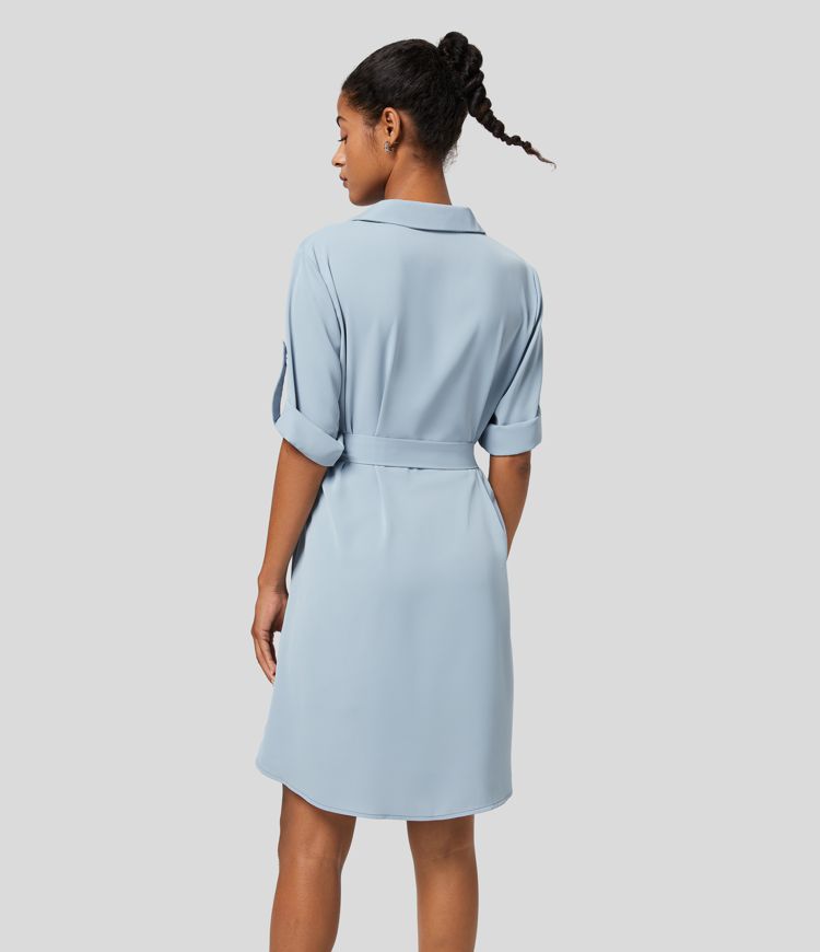 Collared Roll Up Sleeve Belted Midi Work Shirt Dress