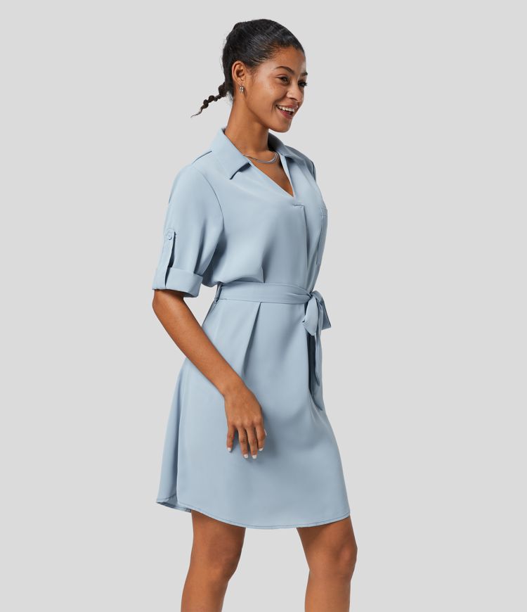 Collared Roll Up Sleeve Belted Work Shirt Dress