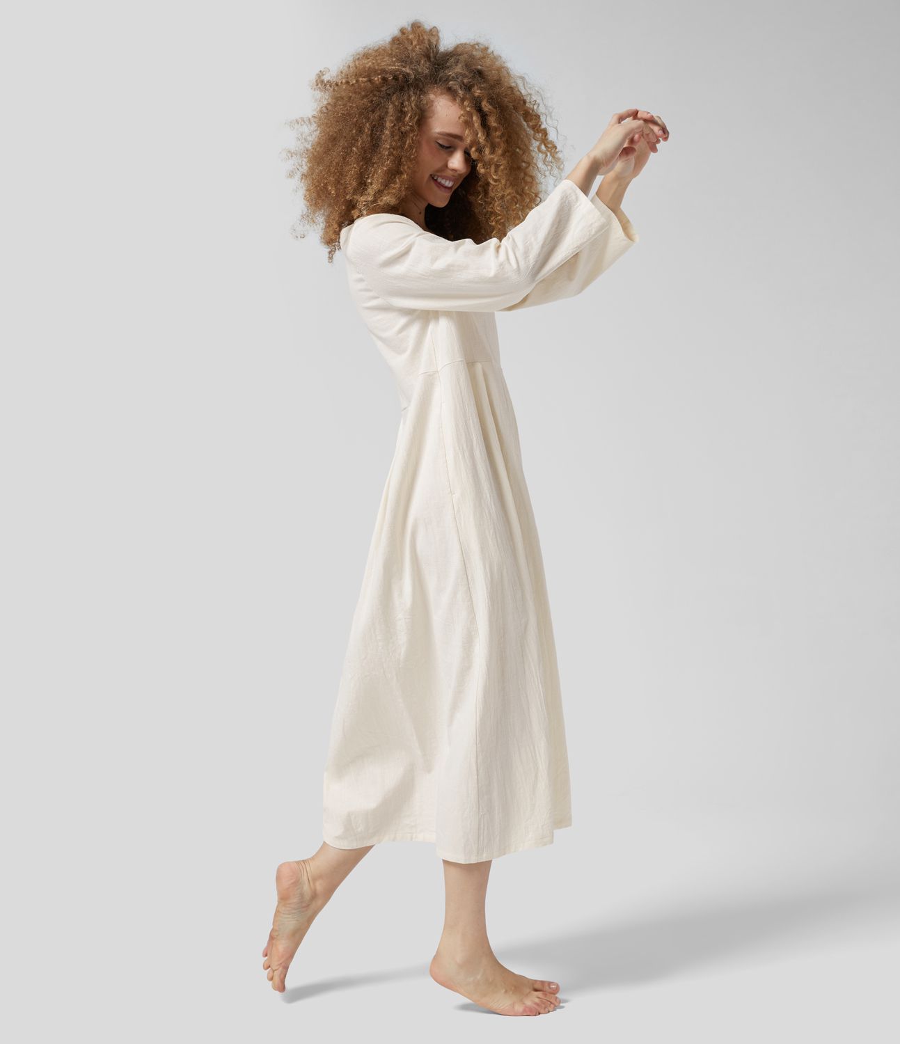 Round Neck Long Sleeve Pocket Solid Relaxed Midi Casual Linen-Feel Dress