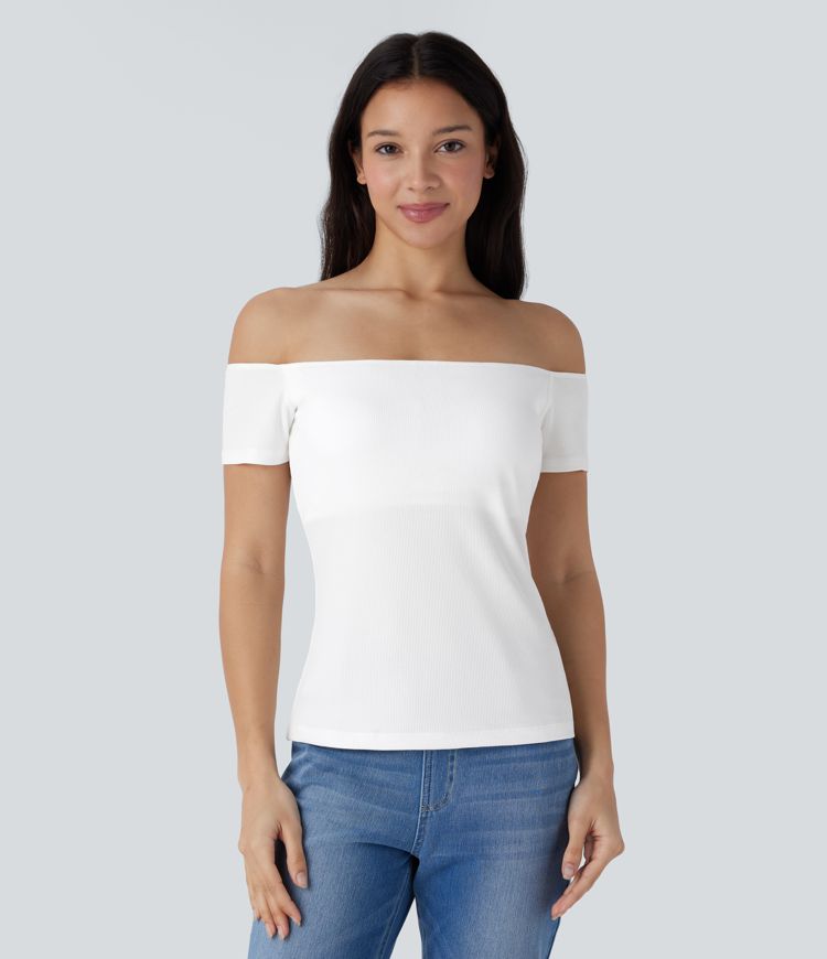Ribbed Knit Off Shoulder Short Sleeve Backless 2-in-1 Casual Top