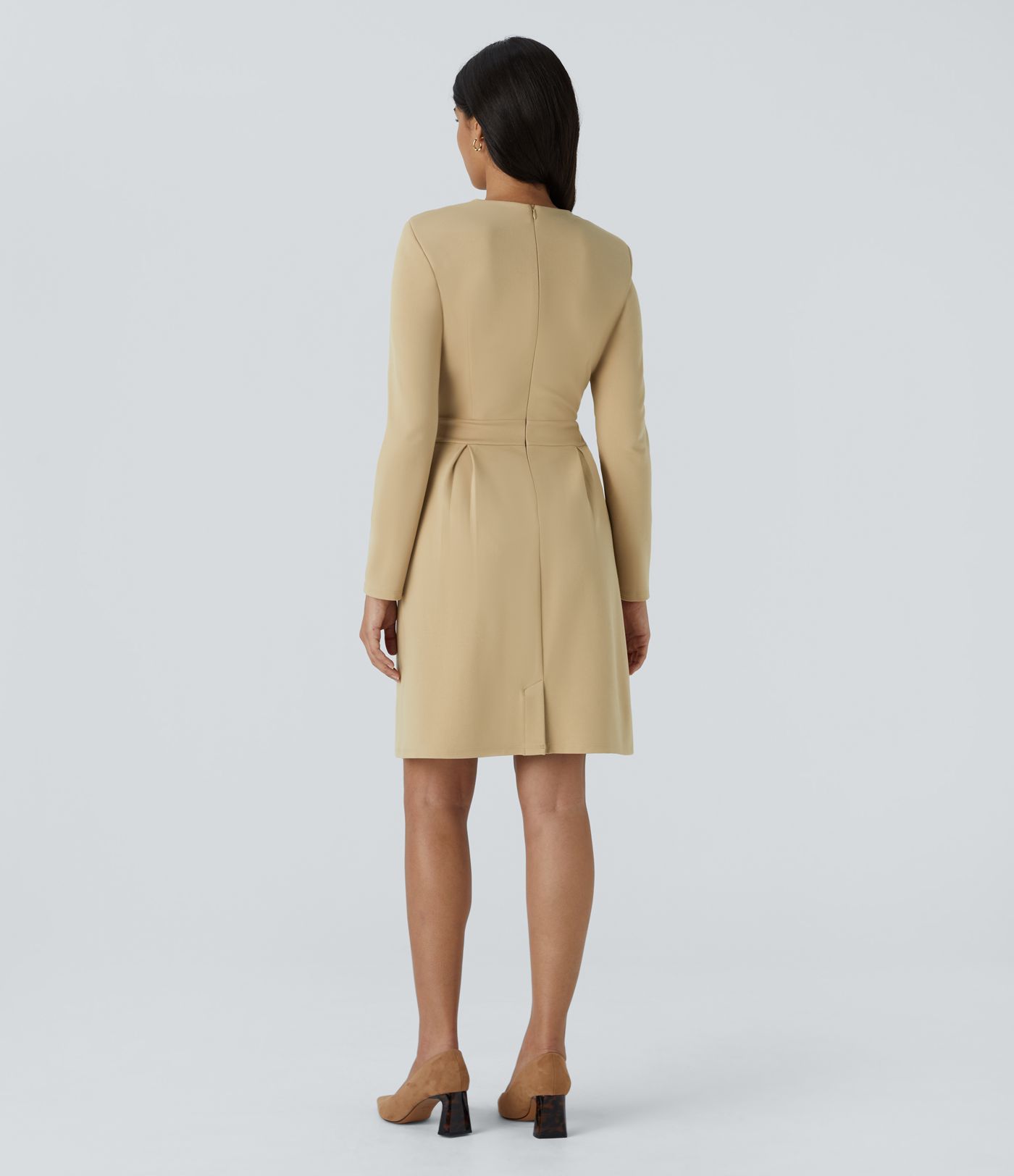 Round Neck Shoulder Pad Long Sleeve Hem Slim Mini Work Dress