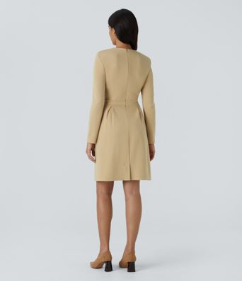 Round Neck Shoulder Pad Long Sleeve Hem Slim Mini Work Dress