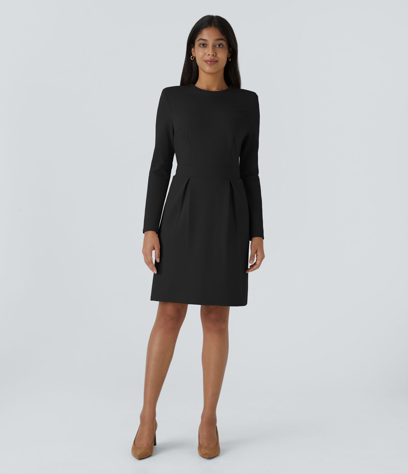 Robe de travail mini ajustée col rond à épaulettes à manches longues et ourlet SculptKnit