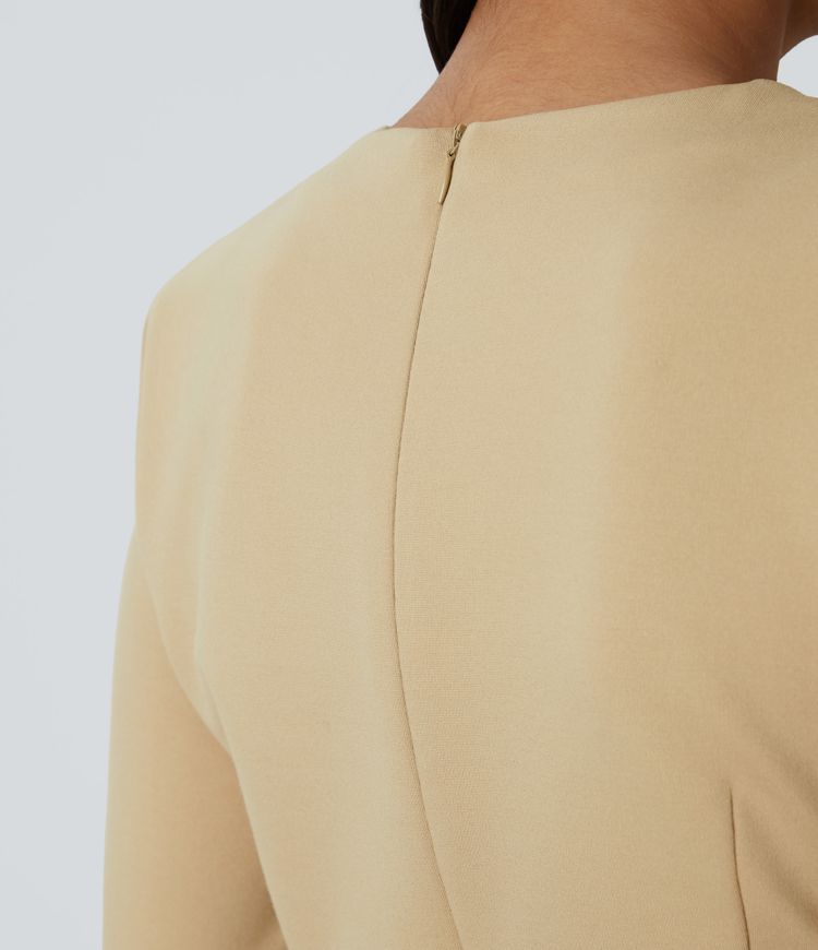 Round Neck Shoulder Pad Long Sleeve Hem Slim Mini Work Dress