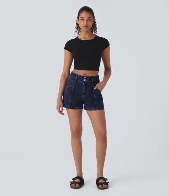 Halara Flex™ Pantalones Cortos Casuales de Mezclilla con Cremallera de Tiro Medio 3''