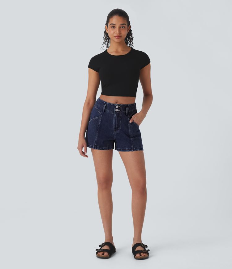 Halara Flex™ Pantalones Cortos Casuales de Mezclilla con Cremallera de Tiro Medio 3''