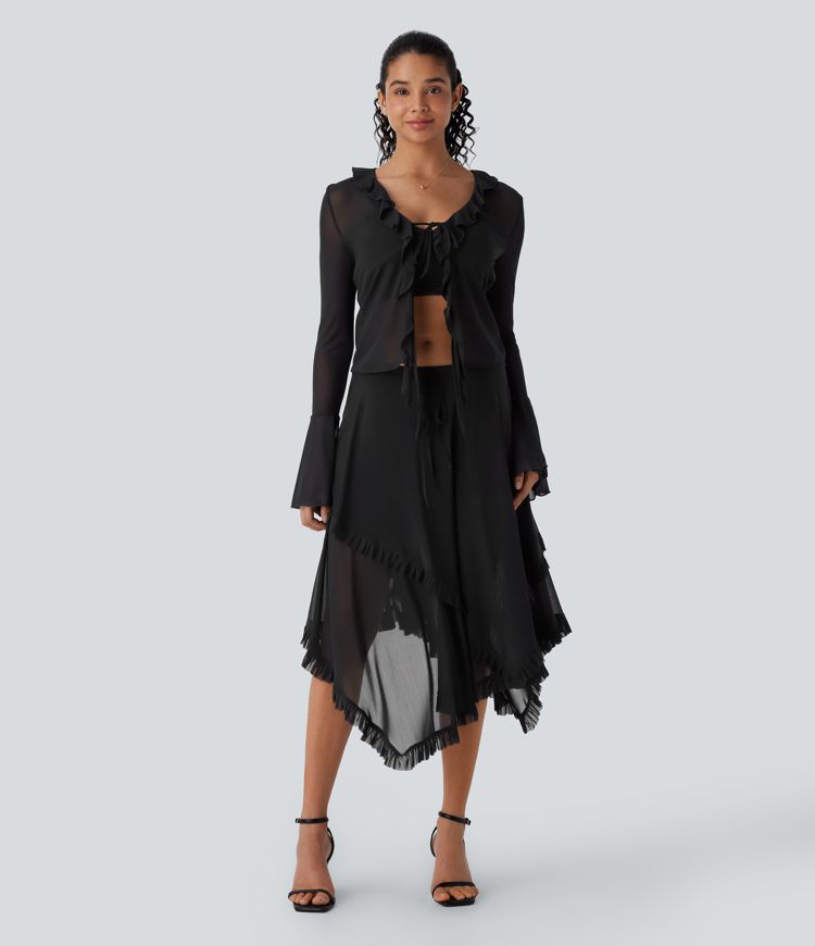 Mesh Mid Rise Drawstring Frill Asymmetric Hem 2-in-1 Flowy Skirt