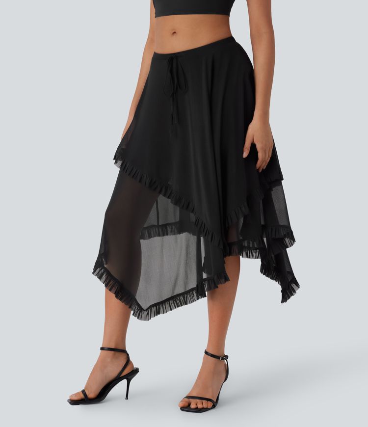 Mesh Mid Rise Drawstring Frill Asymmetric Hem 2-in-1 Resort Flowy Skirt