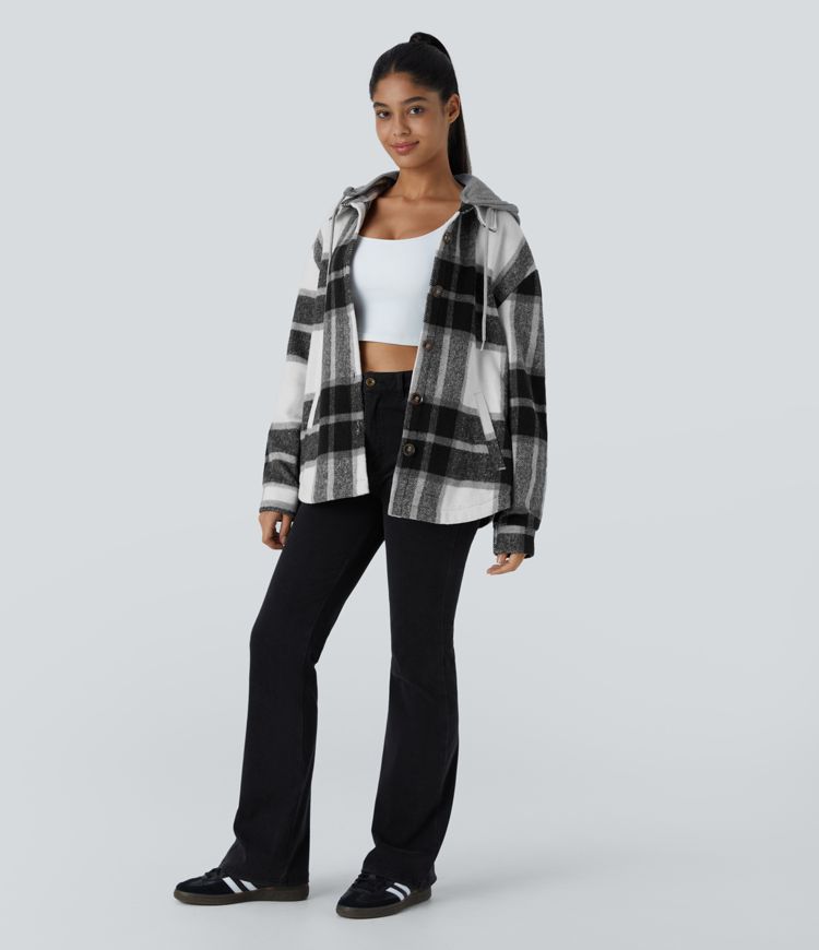 Chaqueta cuadro capucha extraíble cordón ajustable botón manga larga bolsillo lateral