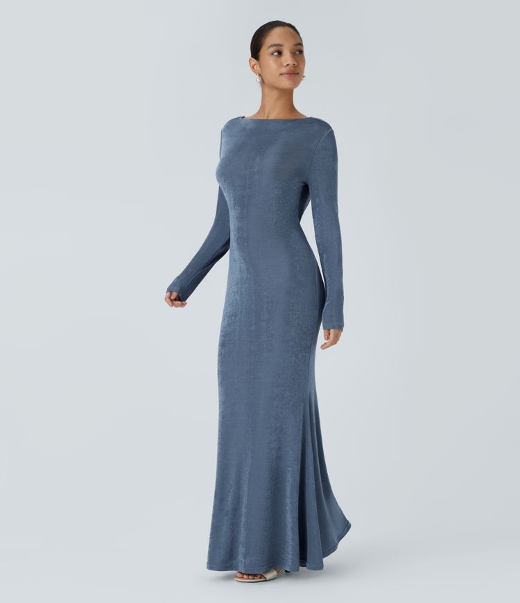 Backless Lace Up Long Sleeve Mermaid Maxi Party Dress