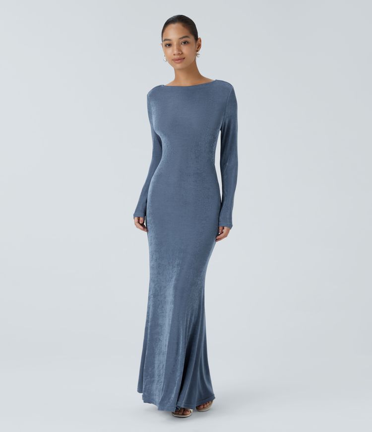 Backless Lace Up Long Sleeve Mermaid Maxi Party Dress