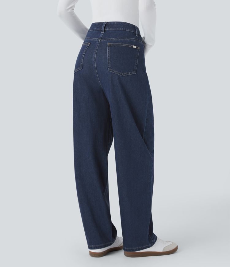 Halara Flex™ High Waisted Multiple Pockets Washed Stretchy Knit Casual Baggy Jeans