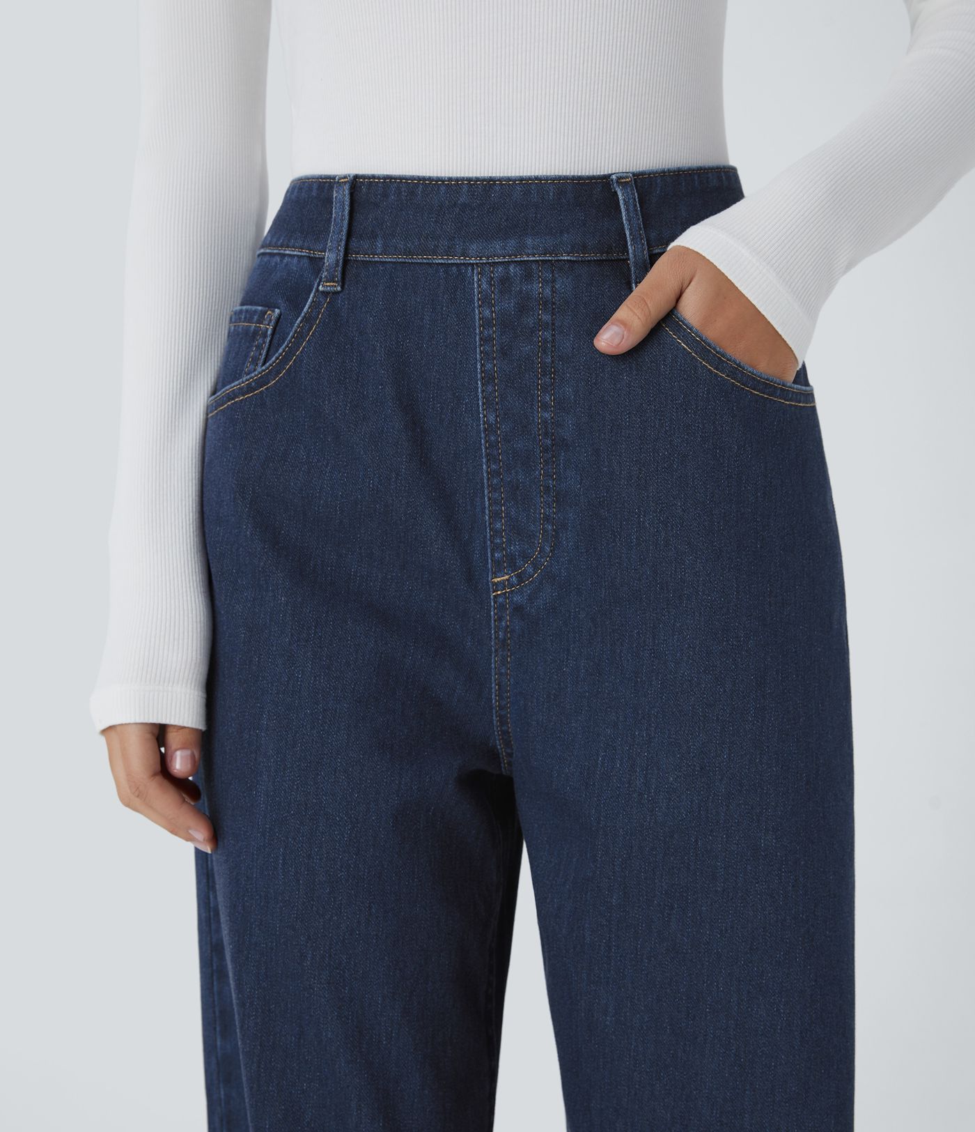 Halara Flex™ High Waisted Multiple Pockets Washed Stretchy Knit Casual Baggy Jeans