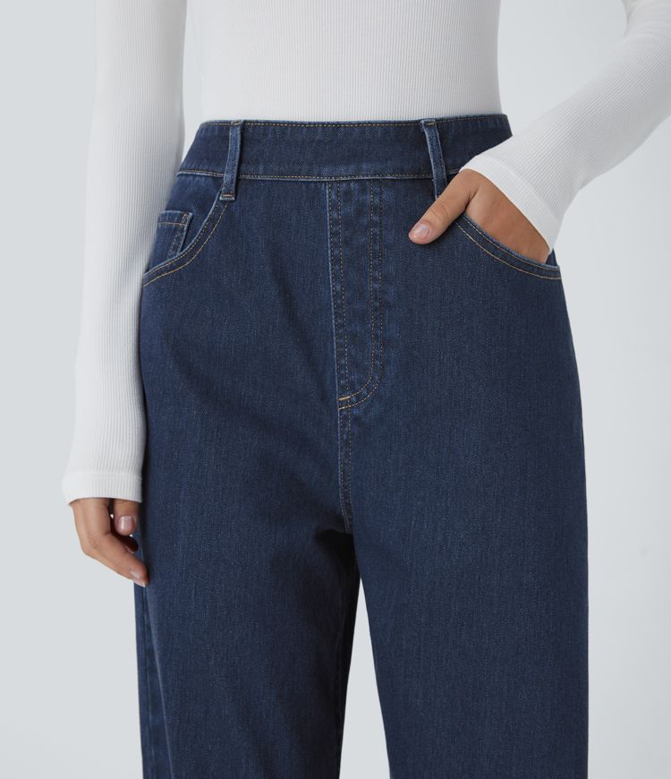 Halara Flex™ High Waisted Multiple Pockets Washed Stretchy Knit Casual Baggy Jeans