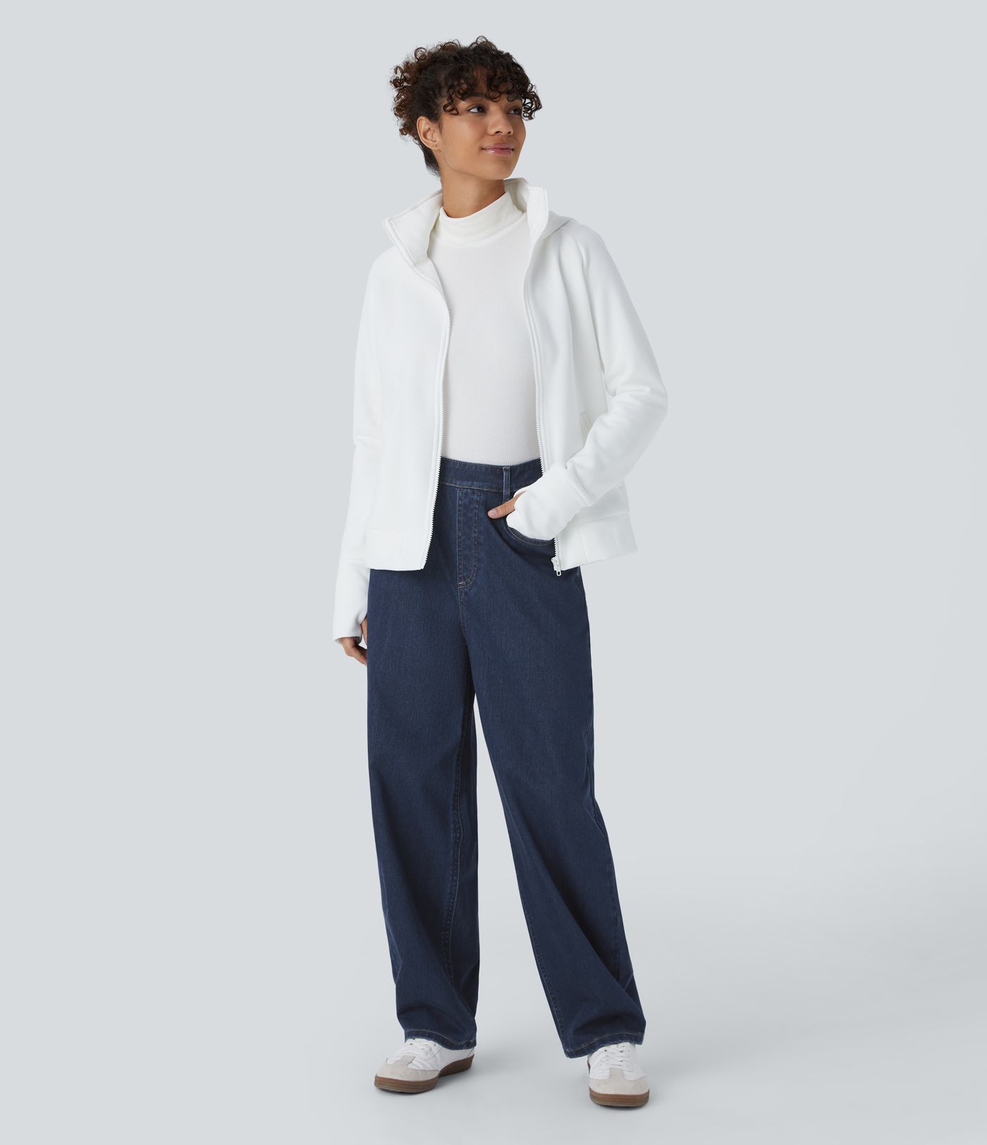 Halara Flex™ High Waisted Multiple Pockets Washed Stretchy Knit Casual Baggy Jeans