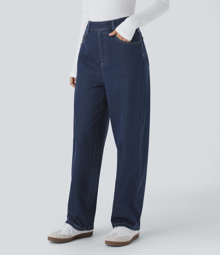 Halara Flex™ High Waisted Multiple Pockets Washed Stretchy Knit Casual Baggy Jeans