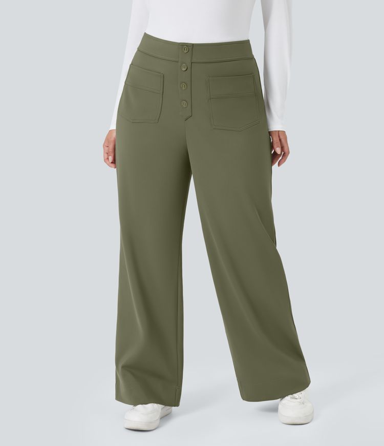 Softlyzero™ Plush Thermal High Waisted Button Multiple Pockets Straight Leg Casual Plus Size Trousers