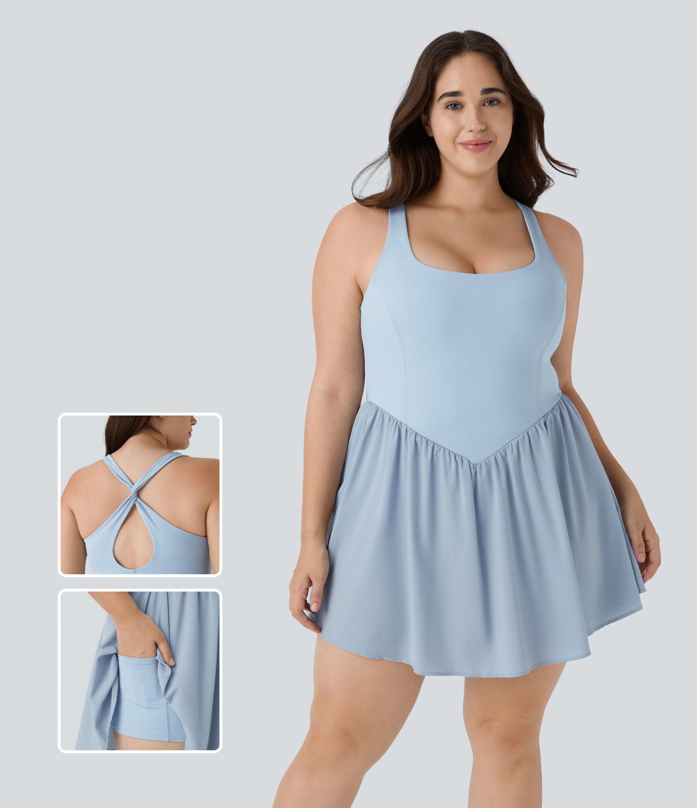 Breezeful™ Square Neck Backless Cut Out Crisscross Twisted Back 2-in-1 Side Pocket Corset Mini Quick Dry Flowy Casual Plus Size Dress