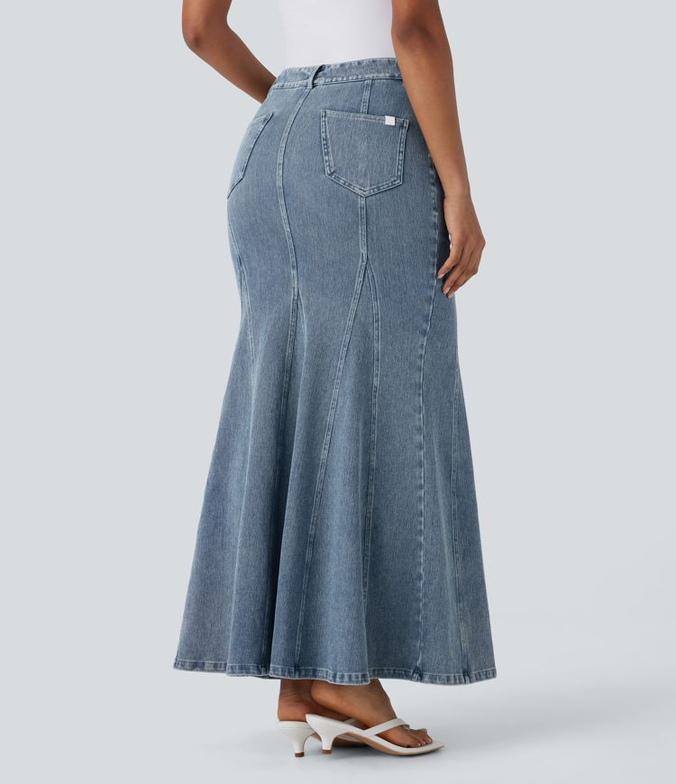 Halara Flex™ Mid Rise Split Maxi Washed Stretchy Knit Denim Casual Mermaid Skirt with Pockets