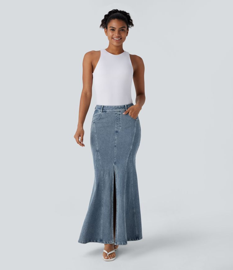 Halara Flex™ Mid Rise Split Maxi Washed Stretchy Knit Denim Casual Mermaid Skirt with Pockets