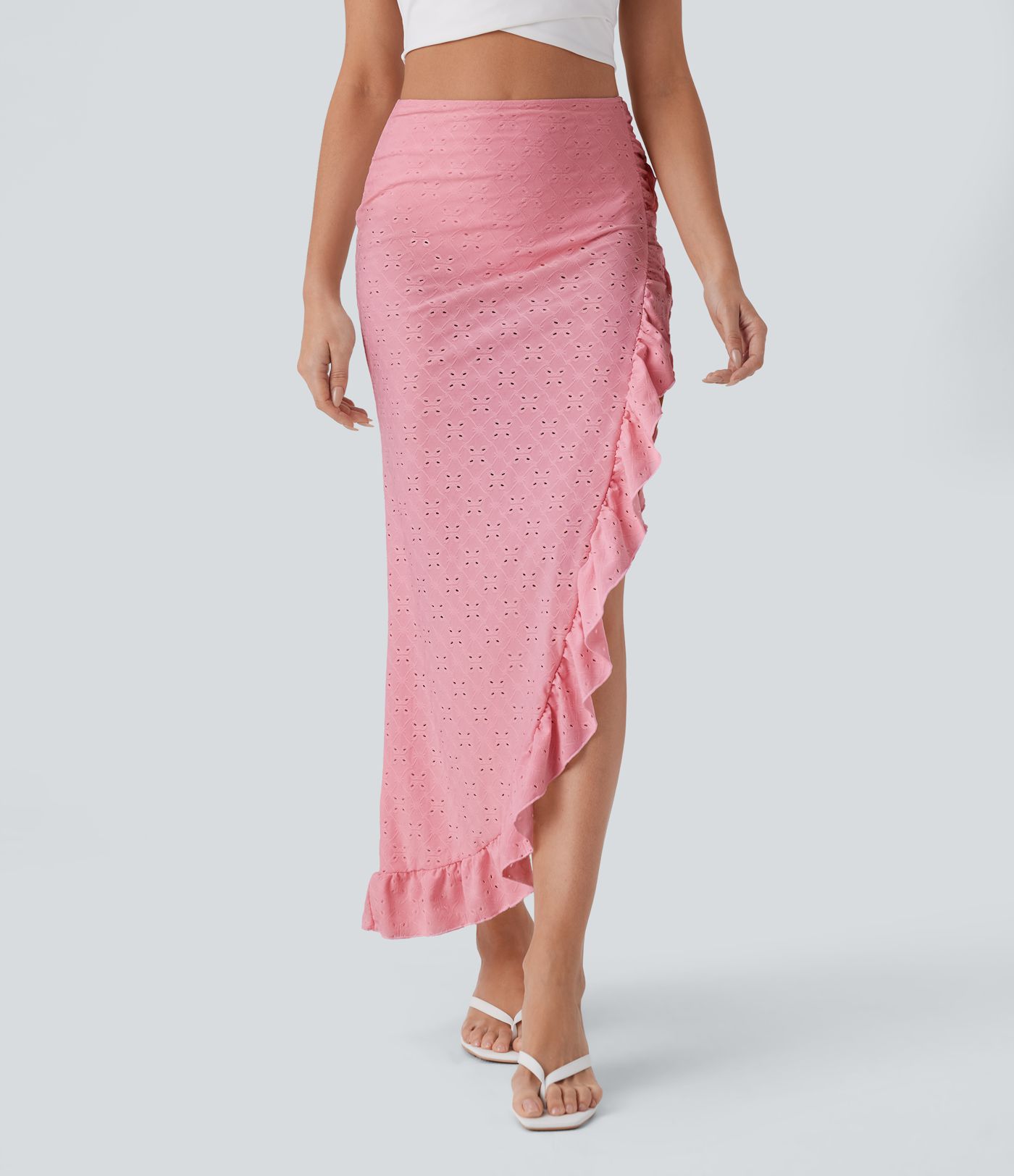 2-in-1 Urlaubs-Maxirock mit hohem Bund, Rüschen und Schlitz