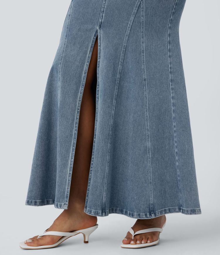 Halara Flex™ Mid Rise Split Maxi Washed Stretchy Knit Denim Casual Mermaid Skirt with Pockets