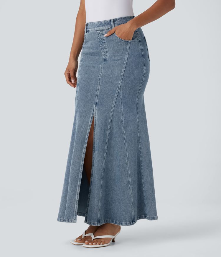 Halara Flex™ Mid Rise Split Maxi Washed Stretchy Knit Denim Casual Mermaid Skirt with Pockets