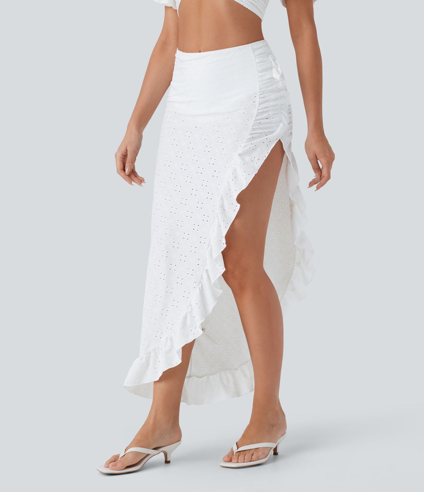 Jupe longue de plage 2-en-1 taille haute avec broderie anglaise, volants et fente