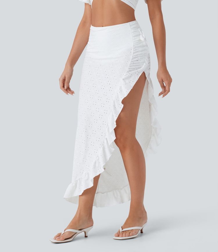 High Waisted 2-in-1 Ruffle Eyelet Embroidery Maxi Skirt