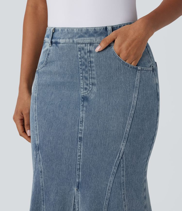 Halara Flex™ Mid Rise Split Maxi Washed Stretchy Knit Denim Casual Mermaid Skirt with Pockets