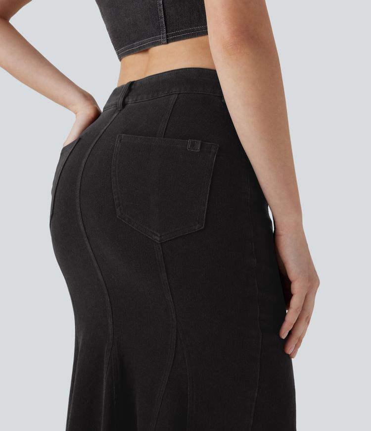 Halara Flex™ Mid Rise Maxi Washed Denim Casual Mermaid Skirt with Pockets