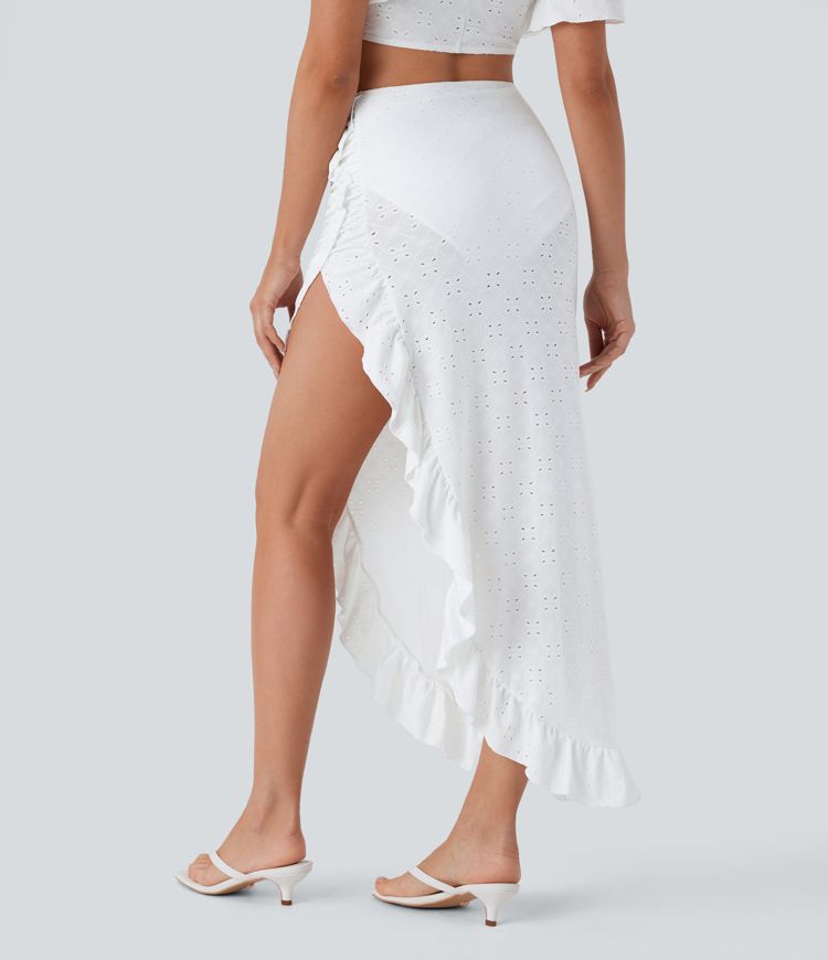 High Waisted 2-in-1 Ruffle Eyelet Embroidery Maxi Skirt