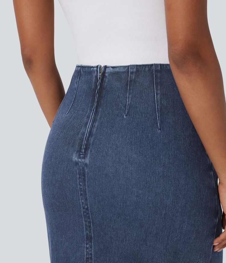 Halara Flex™ High Waisted Back Zipper Ruched Tulip Hem Midi Washed Denim Women Casual Skirt