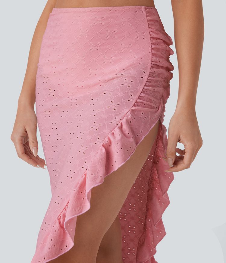 2-in-1 Urlaubs-Maxirock mit hohem Bund, Rüschen und Schlitz