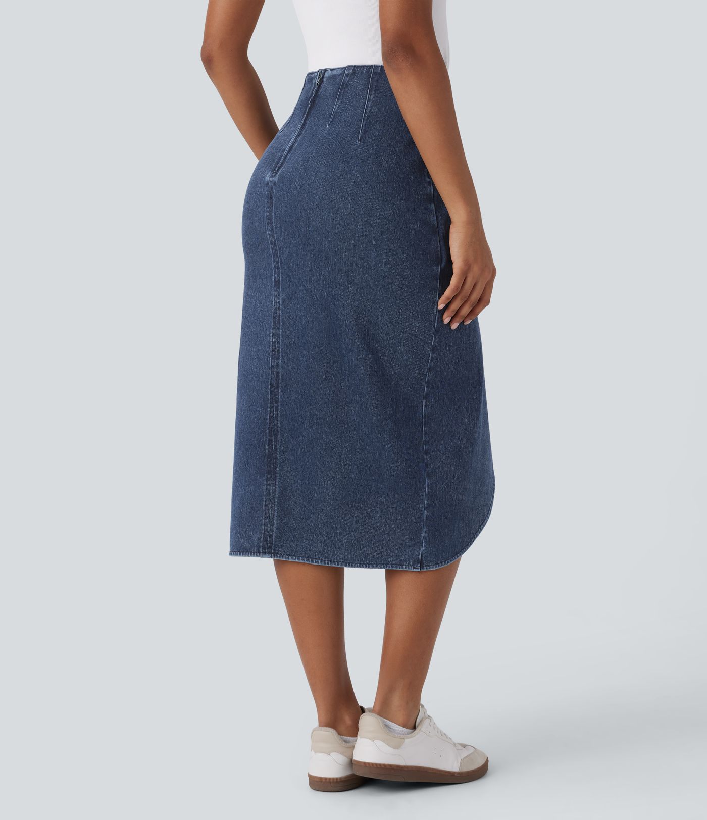 Halara Flex™ High Waisted Back Zipper Ruched Tulip Hem Midi Washed Denim Women Casual Skirt