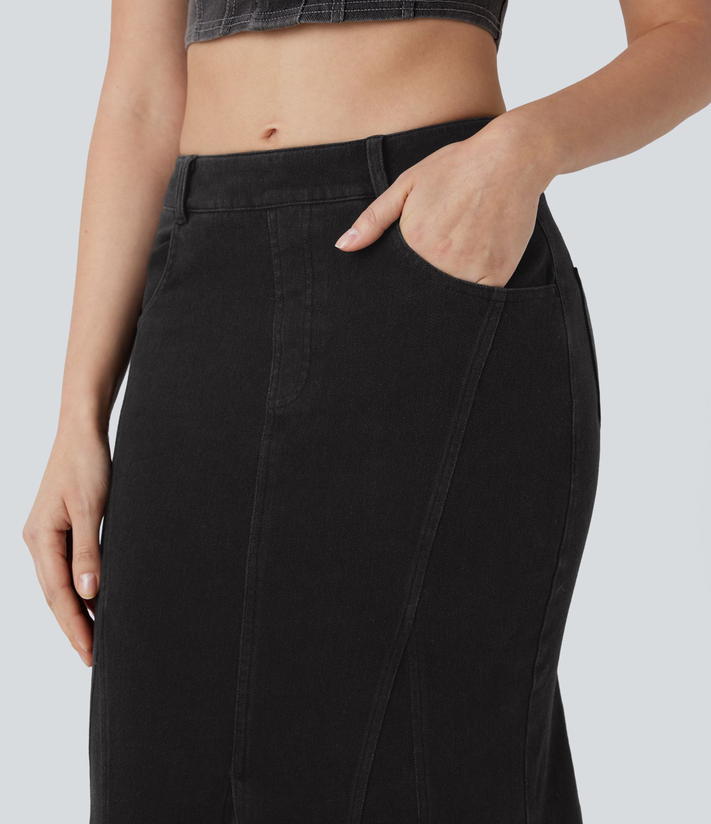 Halara Flex™ Mid Rise Maxi Washed Denim Casual Mermaid Skirt with Pockets