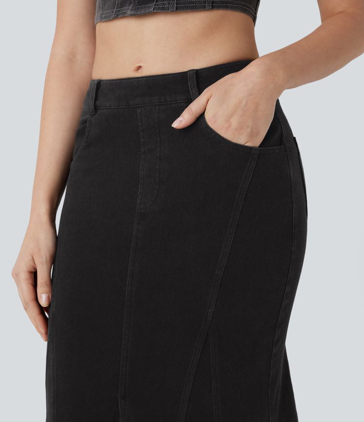 Halara Flex™ Mid Rise Maxi Washed Denim Casual Mermaid Skirt with Pockets