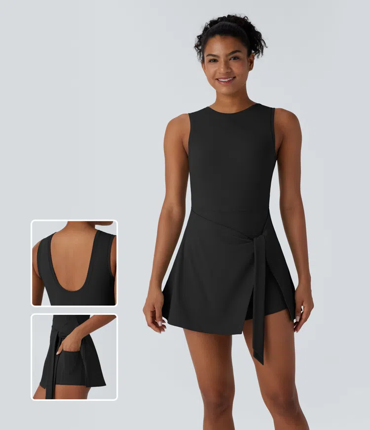 Sleeveless Wrapped Tie Front 2-in-1 Pocket Micro Mini Pickleball Active Dress
