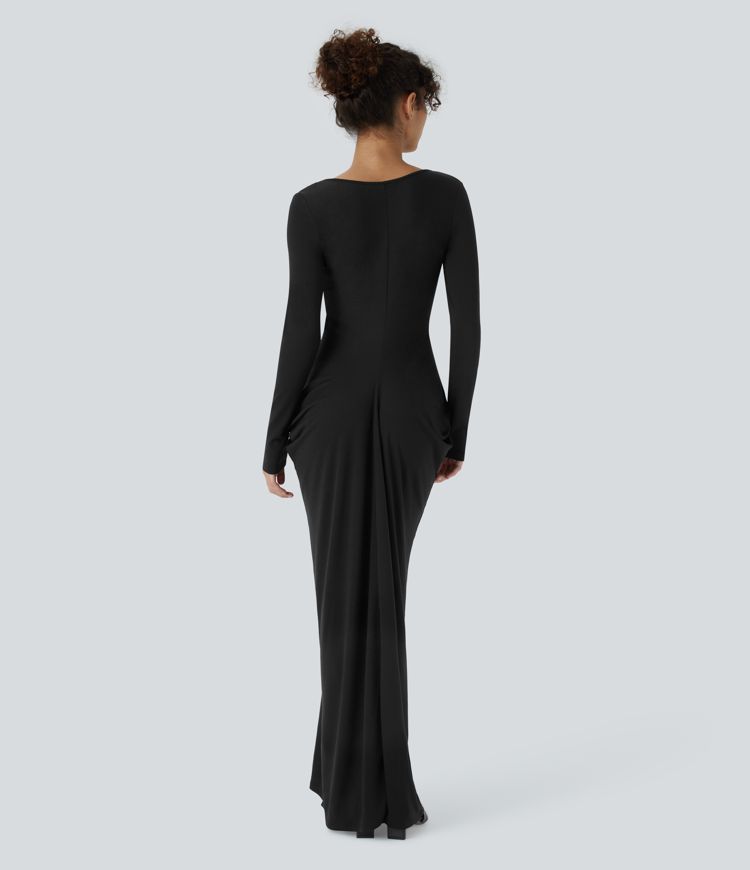 Deep V Neck Long Sleeve Stacked Ruched Maxi Casual Dress