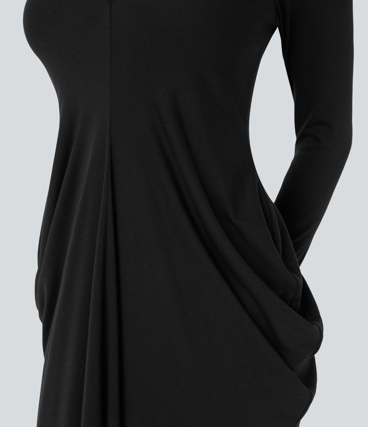 Deep V Neck Long Sleeve Stacked Ruched Maxi Casual Dress