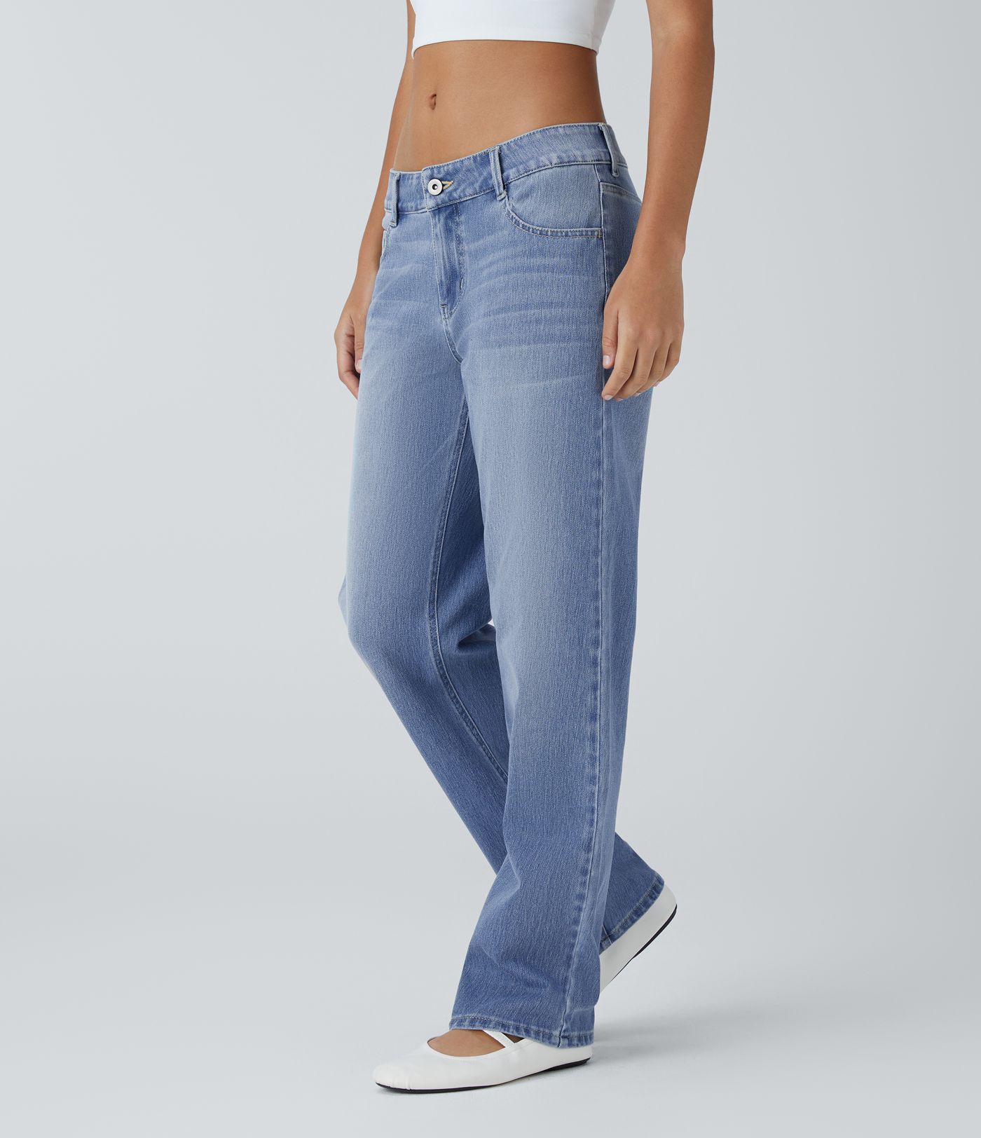 Halara Flex™ Low Rise Zipper Pockets Straight Leg Washed Casual Jeans